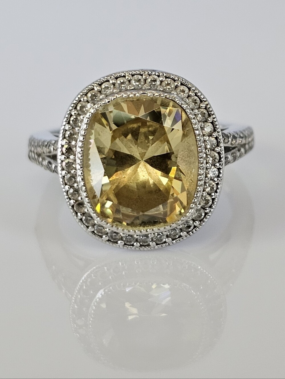 Elegant Yellow Citrine & Diamond Simulants Sterling Silver Size 8!